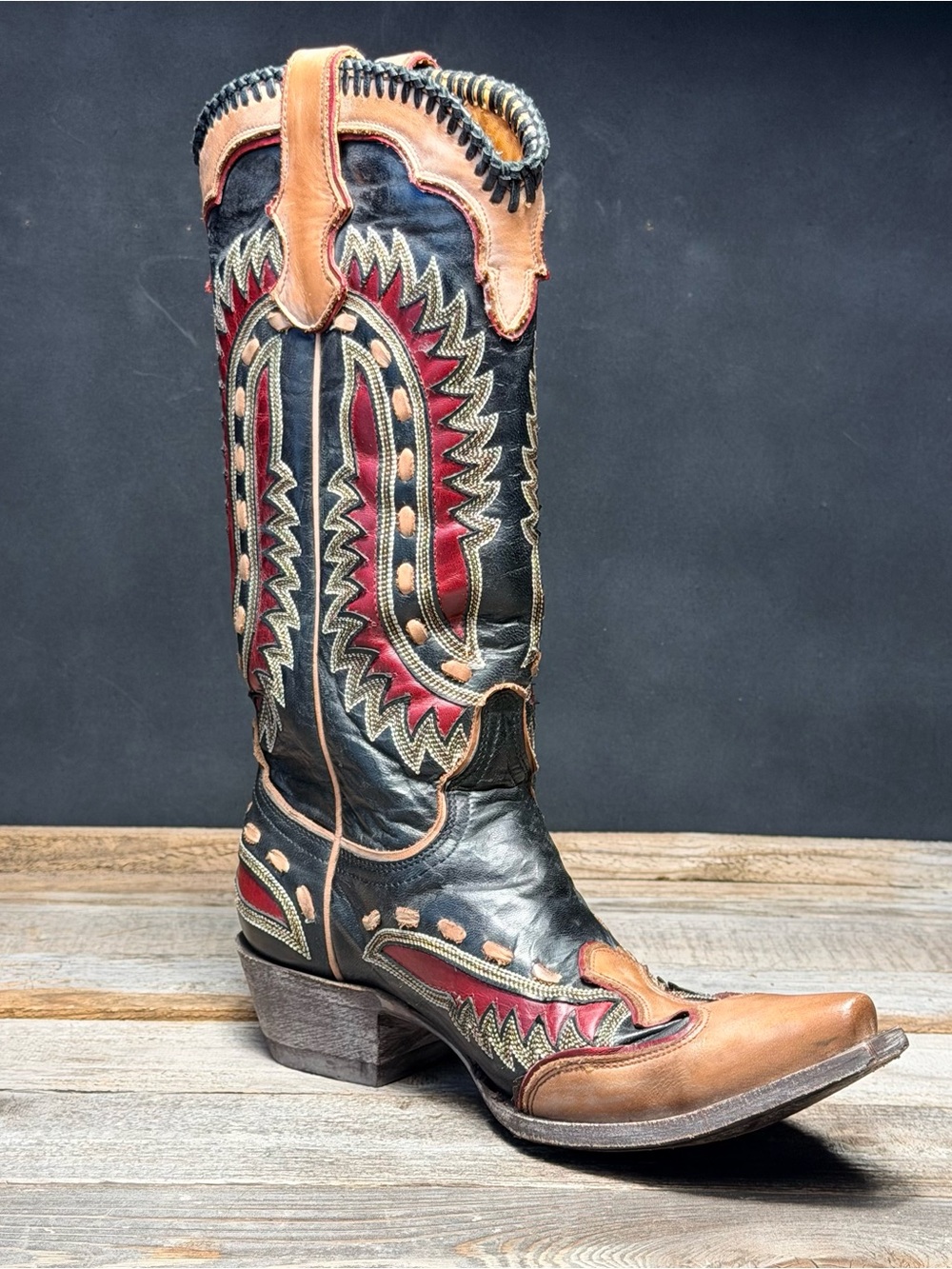 Old Gringo Black, Tan & Red Tooled Leather Cowboy Boots - Picture 10 of 13